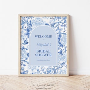 Blue White Chinoiserie Bridal Shower Welcome Sign Delft Blue Floral Coastal Wedding Shower Bird Peony Porcelain EDITABLE Template BW1 image 1