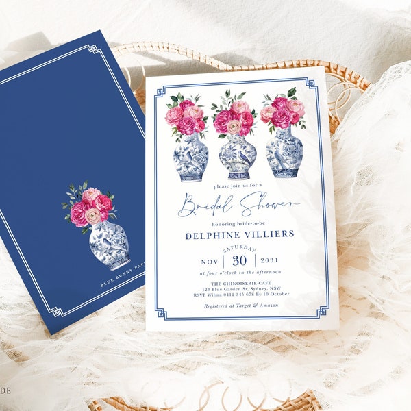 Chinoiserie Ginger Jar Bridal Shower Pink Peonies Wedding Shower Invitation Blue Porcelain Grandmillenial Invite EDITABLE TEMPLATE CHI3