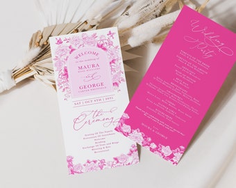 Magenta Chinoiserie Wedding Program Fuchsia Floral & Birds Wedding Day Itinerary DIY Classic Printable EDITABLE TEMPLATE Instant Downlod PK1