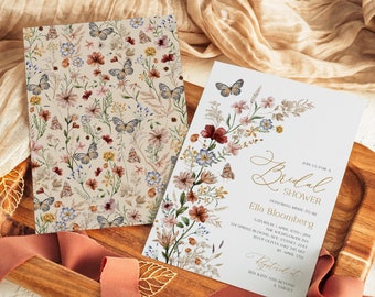 Editable Boho Floral Bridal Shower Invitation Rustic Wildflower Wedding Shower Bohemian Fall Pressed Flowers Invite Template Download WF1