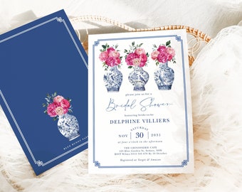 Chinoiserie Ginger Jar Bridal Shower Pink Peonies Wedding Shower Invitation Blue Porcelain Grandmillenial Invite EDITABLE TEMPLATE CHI3