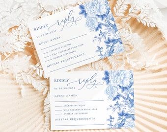 Bleu blanc mariage RSVP Floral Chinoiserie Insert carte oiseau pivoine Garden Party Delft bleu porcelaine chinoise modèle modifiable téléchargement, BW1