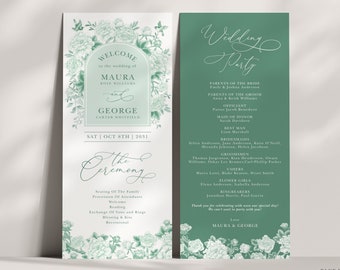 Chinoiserie Wedding Program Sage Green Floral & Birds Wedding Day Ceremony DIY Classic Printable EDITABLE TEMPLATE Instant Downlod SG1