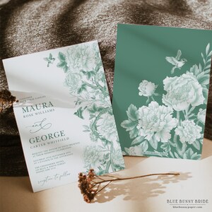 Invito a nozze cineserie verde salvia, uccelli peonia classica, matrimonio floreale, festa in giardino, porcellana cinese verde giada modello EDITABLE SG1