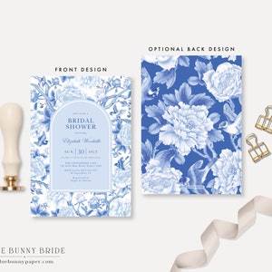 CHINOISERIE GARDEN Bridal Shower Invitation Blue White Floral Wedding Shower Classic Birds Peonies Porcelain Pattern EDITABLE Template BW1 image 4