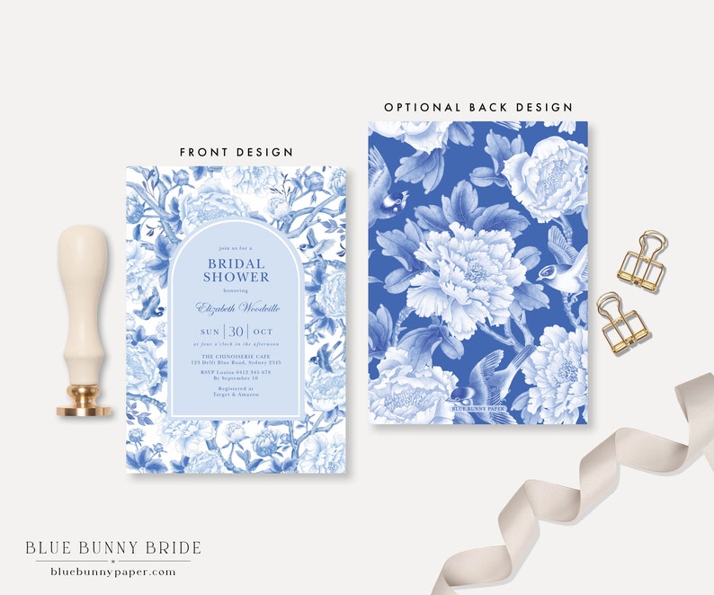 CHINOISERIE GARDEN Bridal Shower Invitation Blue White Floral Wedding Shower Classic Birds Peonies Porcelain Pattern EDITABLE Template BW1 image 4