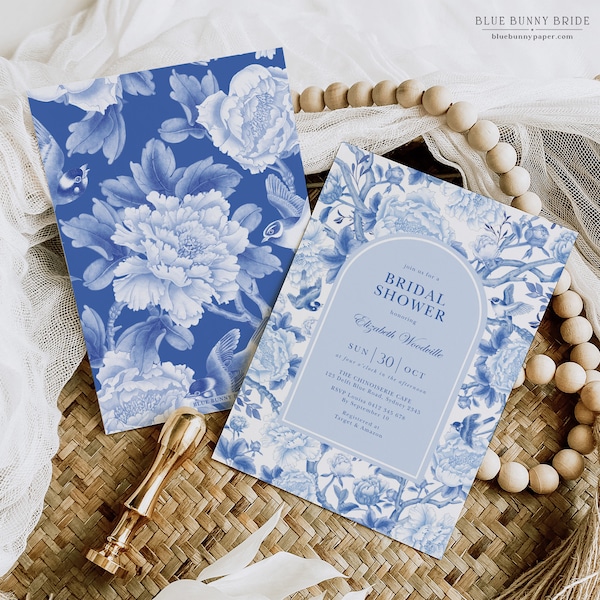 CHINOISERIE GARDEN Bridal Shower Invitation Blue White Floral Wedding Shower Classic Birds Peonies Porcelain Pattern EDITABLE Template BW1