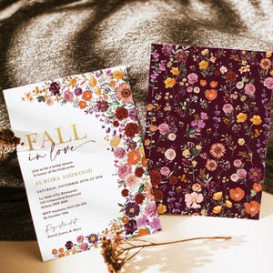 Fall in Love Bridal Shower Invitation, Fall Wildflower Bridal Shower Invite, Burgundy Orange Autumn Floral Garden Editable Template, GAR4