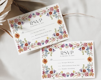 Colorful Wildflower Wedding RSVP Card, Garden Flowers Response Insert Card, Bright Floral EDITABLE Template, Instant Download, Corjl, WF4
