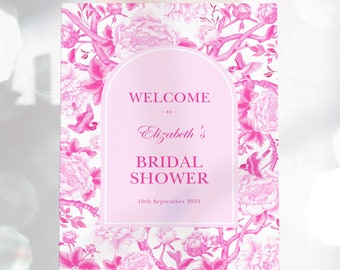 Pink Chinoiserie Bridal Shower Welcome Sign Magenta Floral Coastal Wedding Shower Bird Peony Fuchsia Porcelain EDITABLE Template PK1