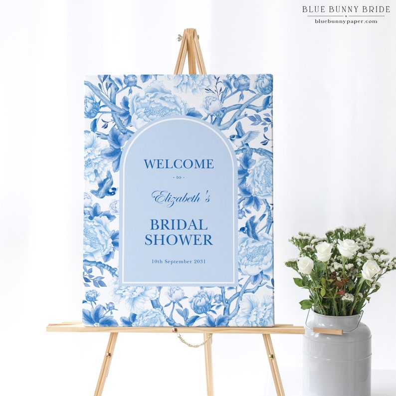 Blue White Chinoiserie Bridal Shower Welcome Sign Delft Blue Floral Coastal Wedding Shower Bird Peony Porcelain EDITABLE Template BW1 image 4