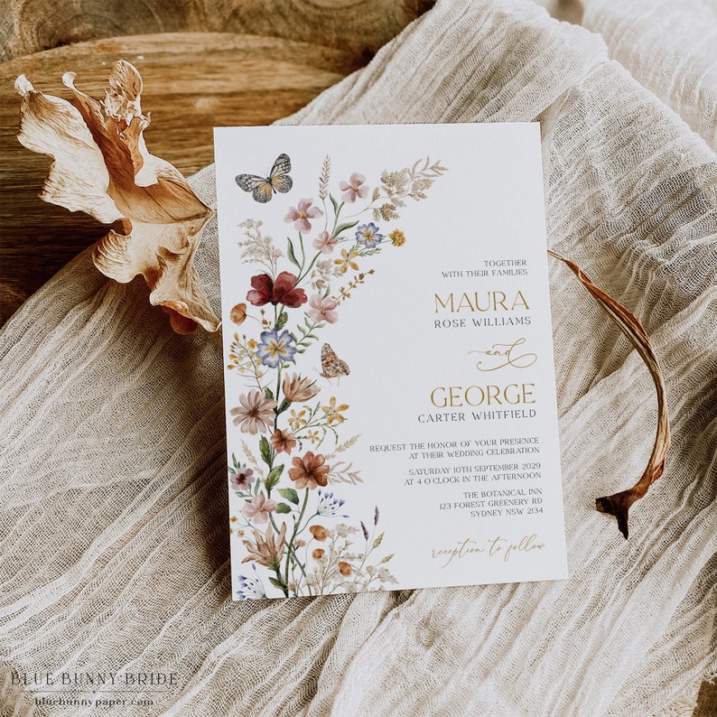 Editable Boho Floral Wedding Invitation Rustic Wildflower Bridal Party Bohemian Fall Pressed Flowers Invite Template Instant Download WF1 image 4