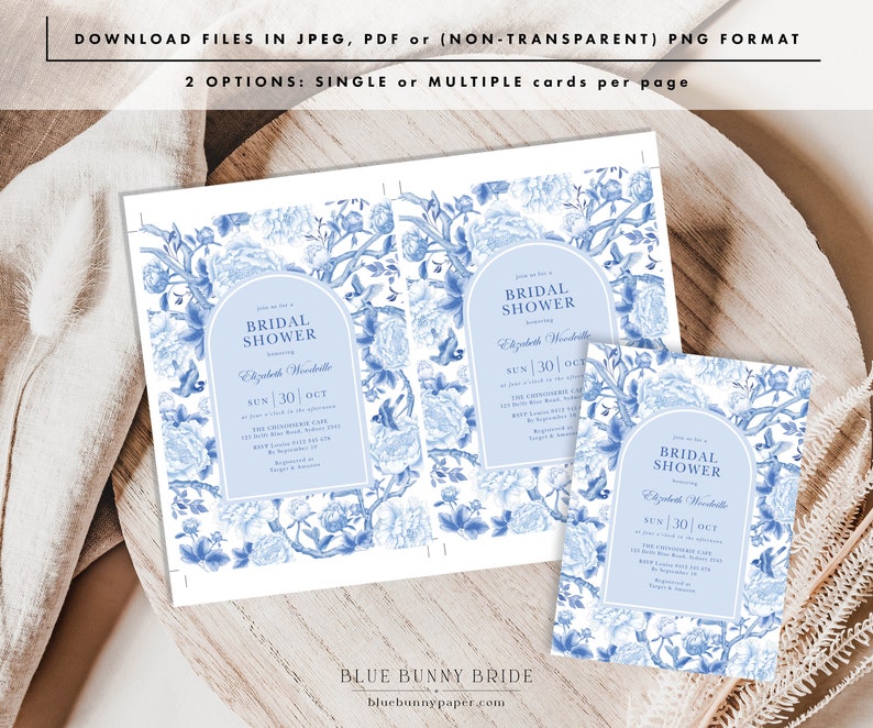CHINOISERIE GARDEN Bridal Shower Invitation Blue White Floral Wedding Shower Classic Birds Peonies Porcelain Pattern EDITABLE Template BW1 image 5