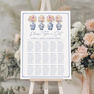 Wildblumen Chinoiserie Sitzplan, Blauer Porzellan Sitzplan für Hochzeiten, Grandmillenial Sitzplan, Ingwergläser Hochzeit 18x24, 24x36, CHI4