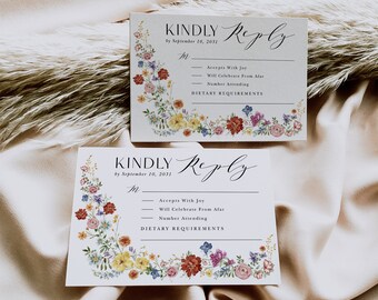 Bright Floral Wedding RSVP Card, Wildflower Response Insert Card, Colorful Garden Blooms EDITABLE Template, Instant Download, Corjl, WF4