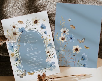 Blue Wildflower Wedding Invitation Boho Garden Flowers Wedding Invite Dusty Blue Bridal Party EDITABLE TEMPLATE Instant Download FLO46