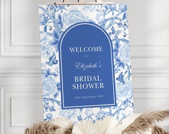 Delft Blue Chinoiserie Bridal Shower Welcome Sign Grandmillenial Coastal Wedding Shower Bird Peony Porcelain EDITABLE Template BW1