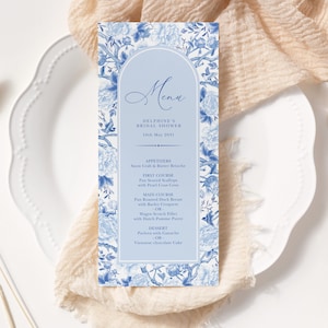 Chinoiserie Hochzeitsmenüvorlage, Blaues Porzellan Brautdusche bearbeitbares Menü, Grandmillenial Hochzeit Tischmenükarte, Sofort Download, BW1