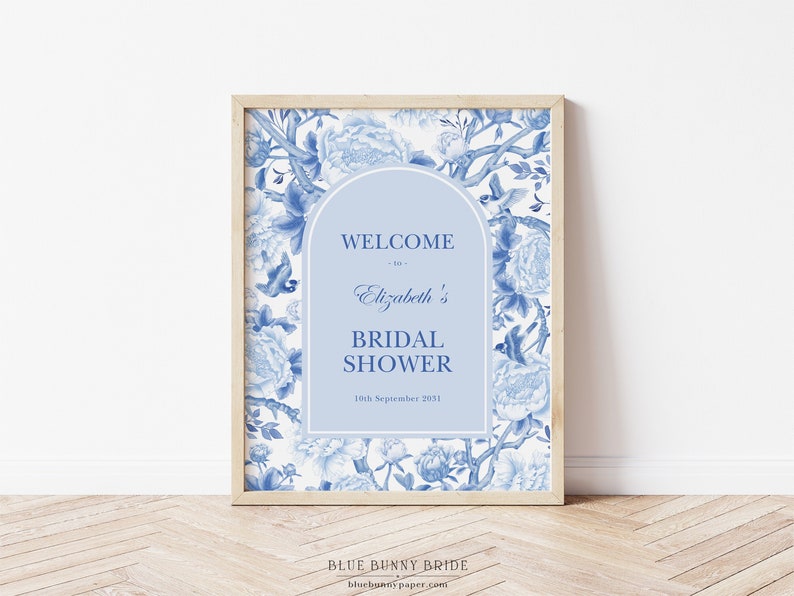 Blue White Chinoiserie Bridal Shower Welcome Sign Delft Blue Floral Coastal Wedding Shower Bird Peony Porcelain EDITABLE Template BW1 image 1