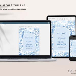 Blue White Chinoiserie Bridal Shower Welcome Sign Delft Blue Floral Coastal Wedding Shower Bird Peony Porcelain EDITABLE Template BW1 image 2