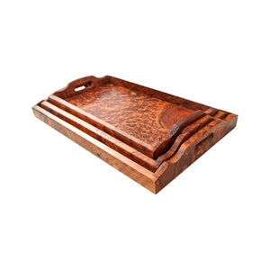 Moroccan Style Set of 3 Thuya Wood Root Serving Trays with Handles, Handmade Wooden Tea Tray Thuya Dish, Rectangle Rare Trays New Year Gift