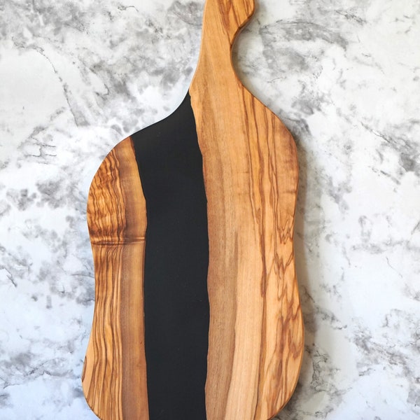 Artisanal Olive Wood Black Resin Board, Handmade Wooden Cutting Board with Handle, Butcher Board Modern Rustic Decor, Unique Christmas Gifts