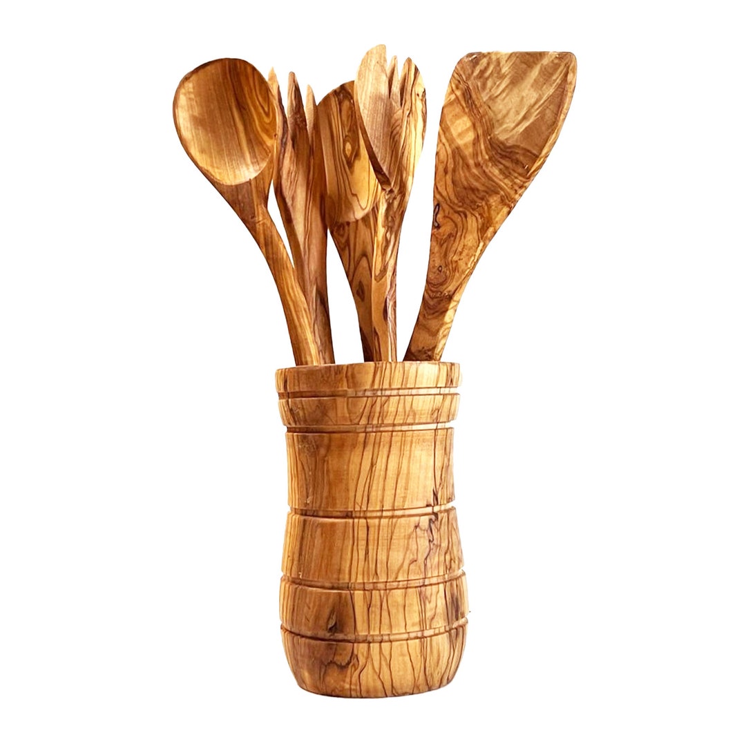 Set of 6 Olive Wood Utensil Holder Olive Wood Kitchen Utensil Etsy