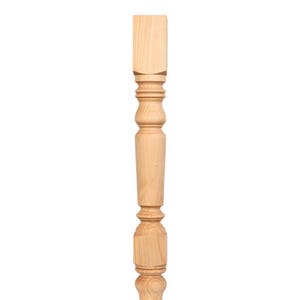 May include: A wooden table leg with a turned design. The leg is unfinished and has a square top.