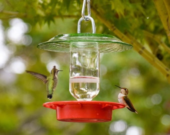 May include: Two hummingbirds feeding from a red and green hummingbird feeder hanging from a tree branch. The feeder has a clear glass reservoir and a red plastic base.