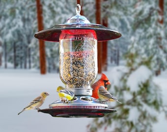 Red Glass Mason Jar Bird Feeder, Handmade Seed Feeder