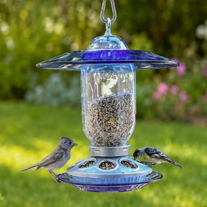 Royal blue glass hanging bird feeder with songbirds feeding in a colorful summer garden