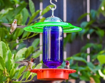 Hummingbird Feeder Dripless Beeproof Clear 16 oz Handmade, Green Depression Glass plates