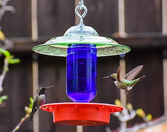 Hummingbird Feeder Dripless Beeproof Clear 8 oz Handmade, Green Pyrex Festive plates