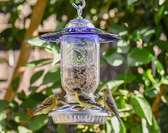 Bird Feeder Handcrafted, Glass Dispenser, Blue Glass Plate
