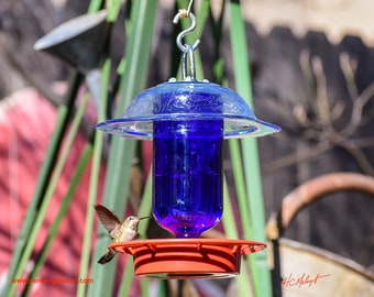 Hummingbird Feeder, Bird Feeder, No Drip - Bee Proof, 16 oz Cobalt Round with Federal Glass Madrid Blue Glass Art