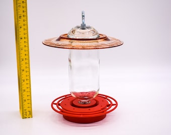 Handmade Hummingbird Feeder, Amber Etched Glass, No Drip, Bee Proof