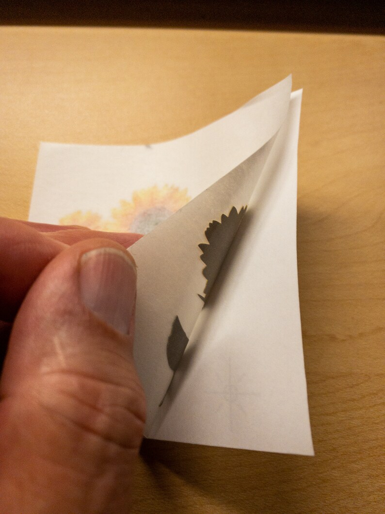 May include: A white sheet of paper with a sunflower design printed on it. The paper is being peeled back to reveal a black silhouette of a sunflower.