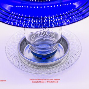 May include: Blue glass bird feeder with a clear glass jar and a metal base. The feeder is shown with an optional finch feeder.  Shown with Optional Finch Feeder Excepts Nyjer or Thistle Seed