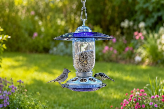 Royal Blue Glass Bird Feeder – Hanging Mixed Seed Feeder
