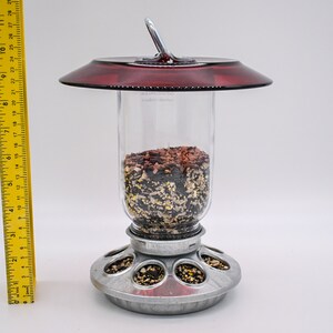 May include: A clear plastic bird feeder with a red metal top and a silver metal base. The feeder is filled with birdseed.