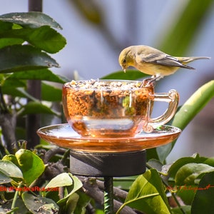 Teacup Bird Feeder: Iridescent Marigold Glass, Handmade Garden Decor
