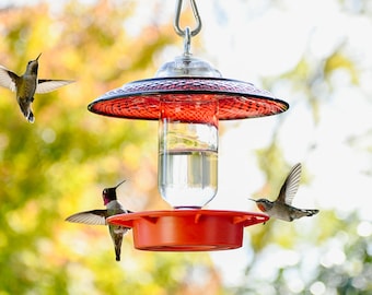 Red Hummingbird Bird Feeder Bee Proof with 8 oz Clear Bottle