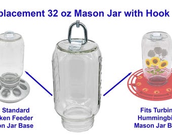 32 oz Replacement Mason Jar with Hook for Bird Feeder, Hummingbird & Chicken Feeders