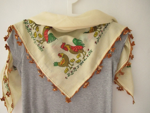 Vintage hand print cotton scarf, hand print chick… - image 1