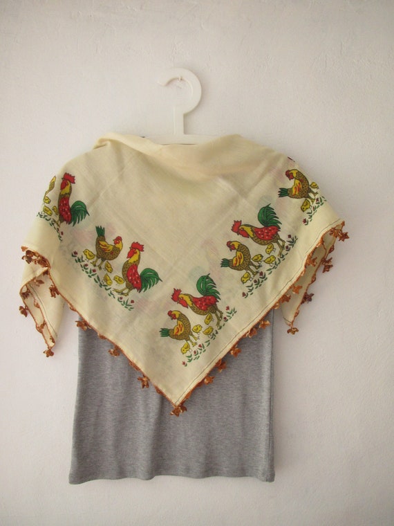 Vintage hand print cotton scarf, hand print chick… - image 2