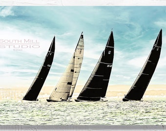Print - Sailboats, 12 Metre, Ocean Boats, Sailing, Americas Cup, Graphic, Photo, Photograph, Gift for a Sailor, Warm Colors