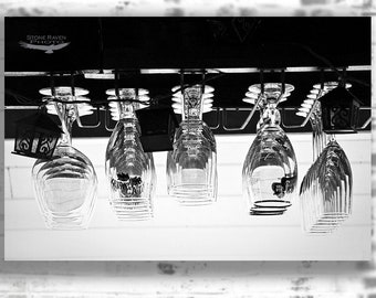 Bar Photography, Hanging Glasses Photograph, Bar Photo, Black & White Image, Wine Cellar Art print, Glassware Photograph