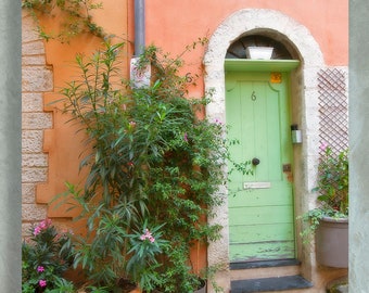 French, Door, Street, Scene, Green Door, Village Life, Flowers, France, Gift for a Frankophile, Bright Colors