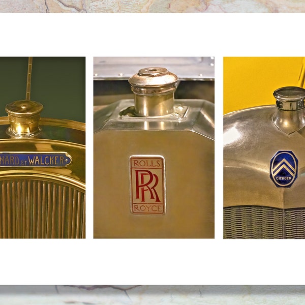 Vintage Auto, Antique Cars, Radiator Caps, Antique, Rolls Royce, Citroen, Chenard Walcker, Brass, Photograph, Man Cave, Car Buff, montage