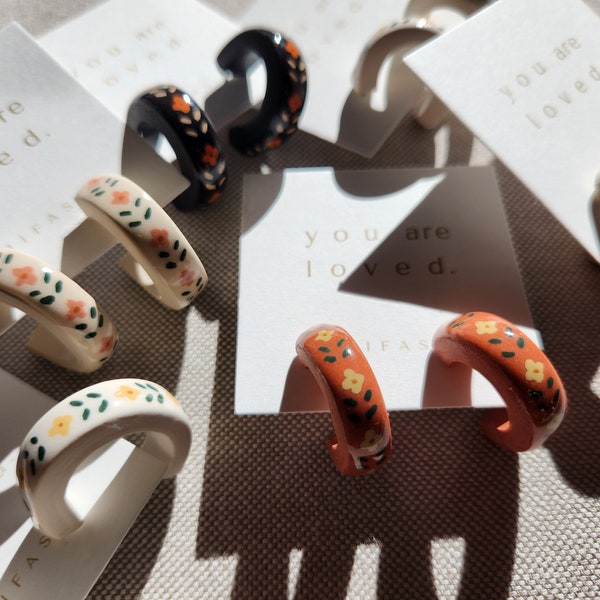 Nordic Hand-Painted Floral Hoops | Hypoallergenic Lightweight Polymer Clay Studs | Minimalist Dainty Everyday Gift